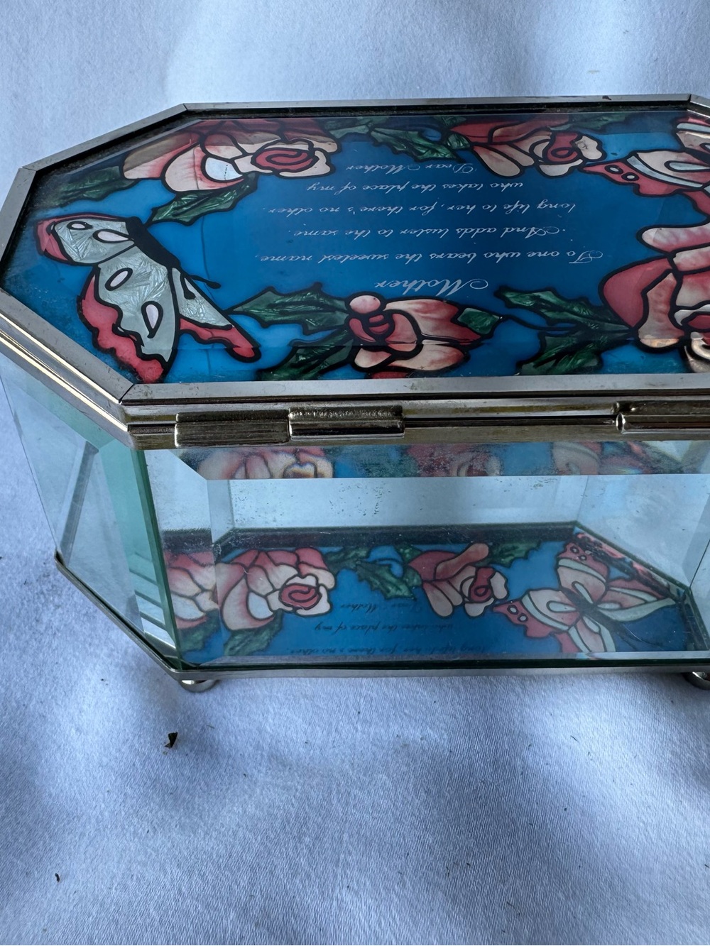 Octagonal Glass Trinket Box w/ Lid "Mother" Poem Floral Rose Butterfly Design